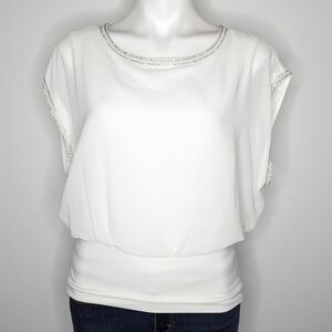 Frank Lyman white bead & gemstone trimmed short sleeve blouse 12
